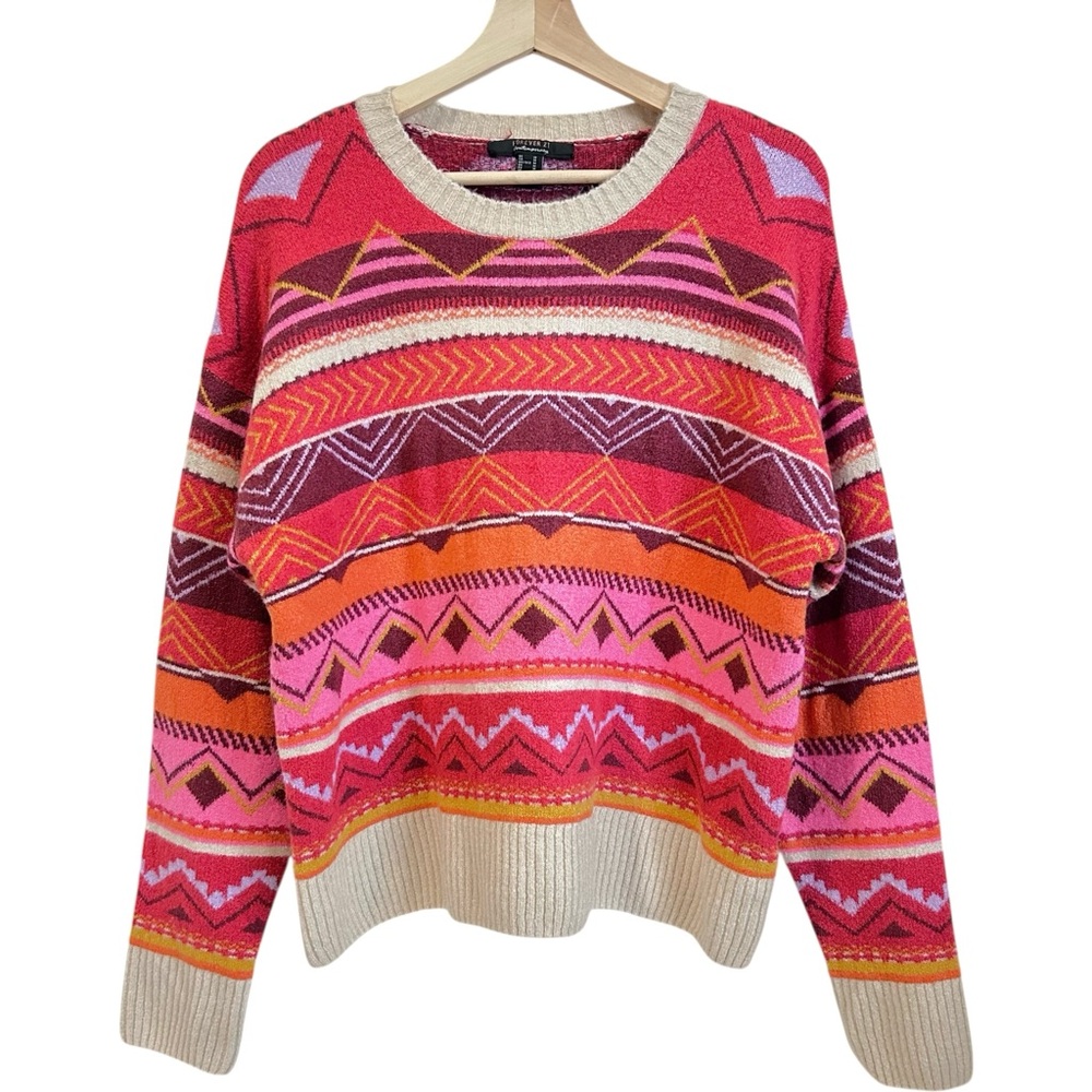 Forever 21 Vintage Sweater Women Medium Pink Red Knit Tribal Western Boho‎ Aztec